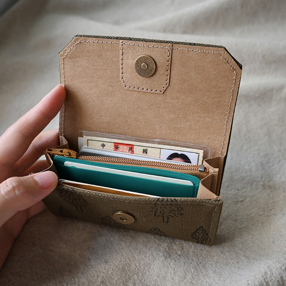 墨綠森林 帆布可水洗紙 零錢包卡片夾 輕錢包 附紙盒 可包裝 手工絹印 環保 Vegan 第7張的照片