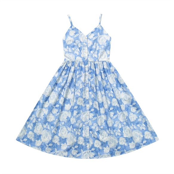 青と白の雲と花のプリントサスペンダー V ネックドレス、ミドル丈ドレス、裏地付きノースリーブスカート 2枚目の画像