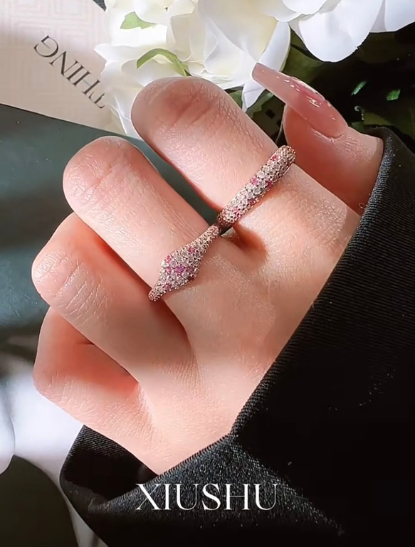 ピンク パヴェ 高炭素ダイヤモンド キラキラ ゴージャス 指輪 リング シンプル 華やか ローズゴールド 8枚目の画像