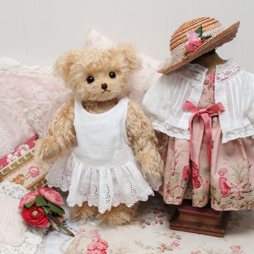 テディベア 大小セット ハンドメイド 花柄ドレス ピンクのトワルドジュイドレスでお出かけ♡ふわふわモヘア製テディベア