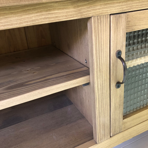 無垢材テレビボード W150 チェッカーガラス扉 ハンドメイド