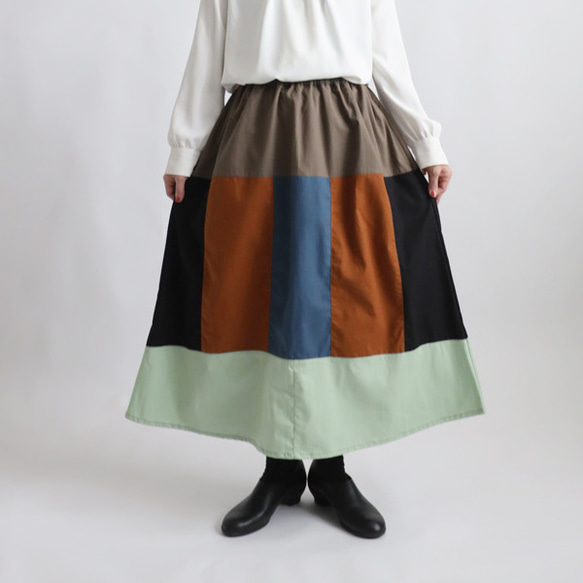 新作　８０cm丈　愉快なスカート　パッチワーク　ギャザー　スカート　チノコットン×ベビーキャンバス×ギマコットンY20C 6枚目の画像