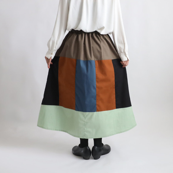 新作　８０cm丈　愉快なスカート　パッチワーク　ギャザー　スカート　チノコットン×ベビーキャンバス×ギマコットンY20C 7枚目の画像