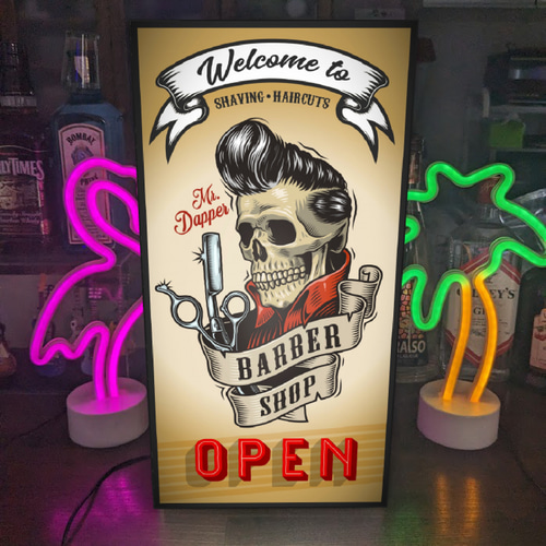 Lサイズ】バーバー 理容室 床屋 ビンテージ ロカビリー 看板 ライトBOX