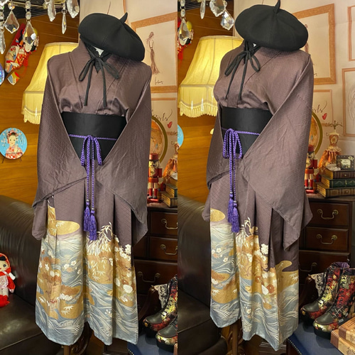 付け下げ お着物 リメイク ロングワンピース ハンドメイド 腰紐