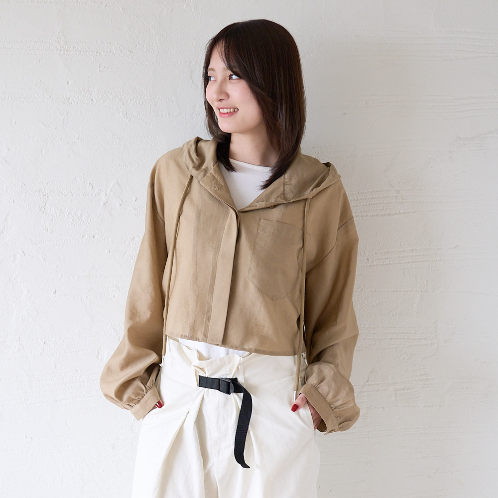 ﾓﾘﾉｶﾞｯｺｳ 透け感素材ショート丈シャツパーカー (カーキ) UV羽織 日除け｜mg-lb18-ka
