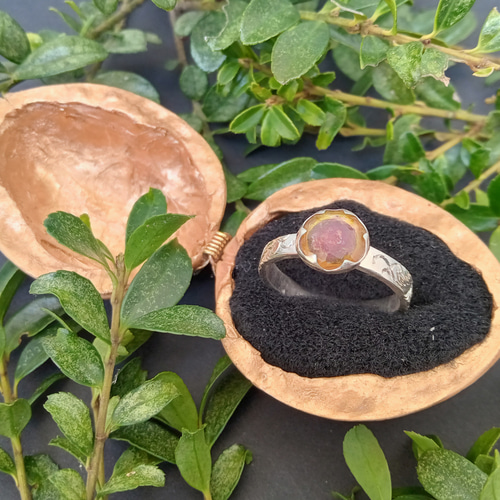 1点もの バイカラートルマリン ハンドエングレービングシルバーリング