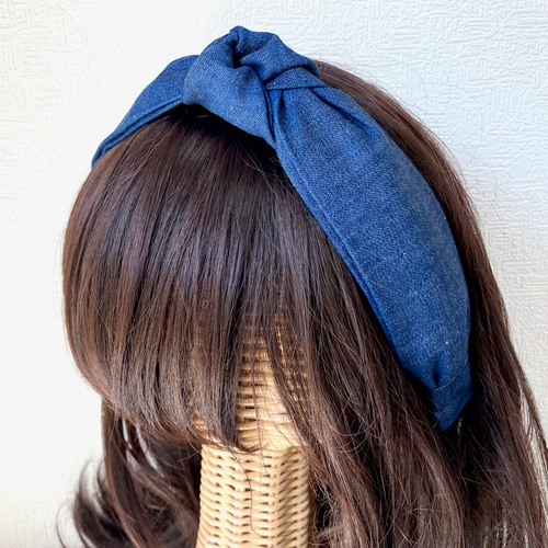 デニムの結びカチューシャ＜細め＞ブルー 軽いつけ心地♪ カチューシャ