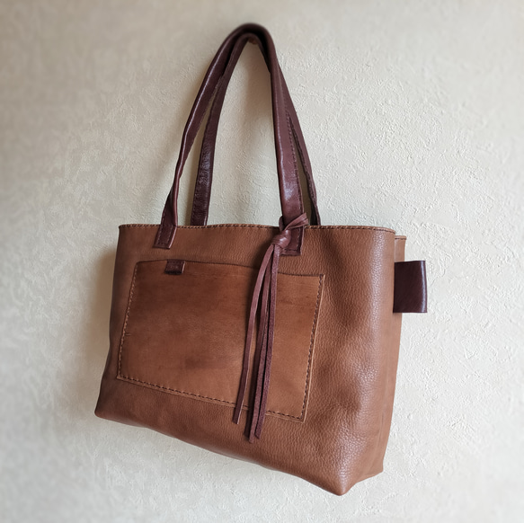 3pocket tote　オークグレー✗ダークブラウン　オイルシュリンクレザー 13枚目の画像