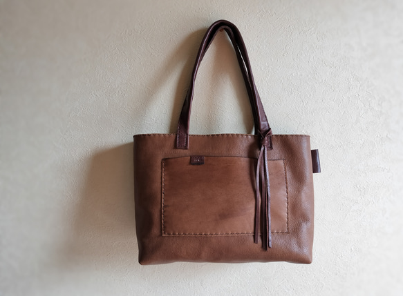 3pocket tote　オークグレー✗ダークブラウン　オイルシュリンクレザー 10枚目の画像