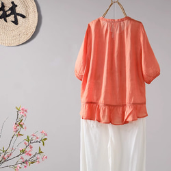 【受注制作】純色シンプルシャツ .リネンのブラウス  ラミー麻 五分袖Tシャツ.ゆったり オレンジ色 7枚目の画像