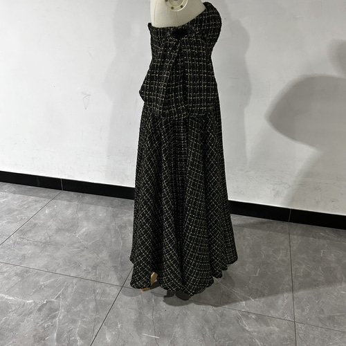 パーティードレス 黒金 快適な生地 ベアトップ 取り外し袖 ロング  