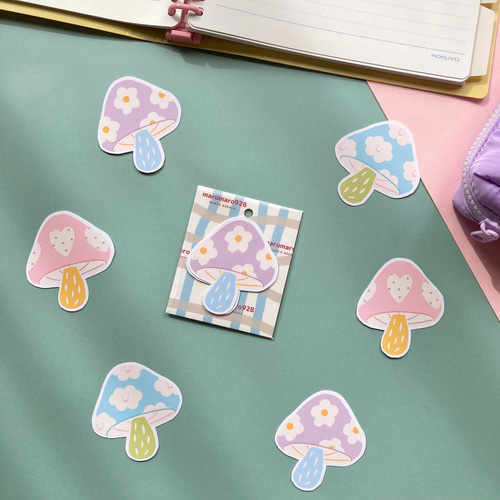 3枚セット】 パステルきのこ ステッカー シール スマホ お花 雲 ハート