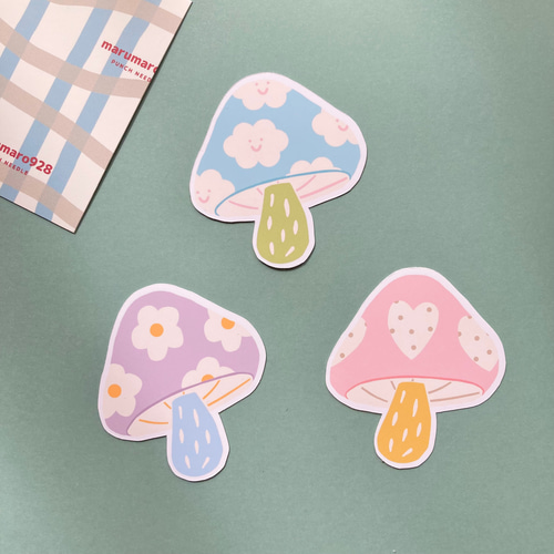 3枚セット】 パステルきのこ ステッカー シール スマホ お花 雲 ハート
