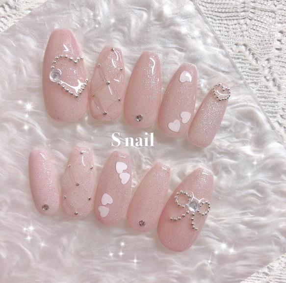 ネイルチップ ピンク マグネットネイル 韓国 フレンチガーリー ハート  