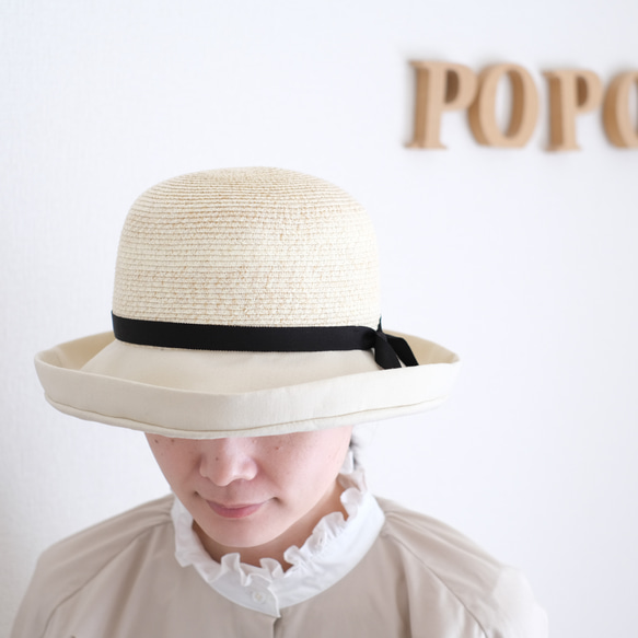 「SALE50%OFF」<3日以内発送>　コットンリネンつば広ハット　折り畳み可　名入れ巾着選択可 ＜全2色＞ 4枚目の画像