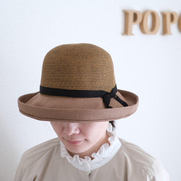 「SALE50%OFF」<3日以内発送>　コットンリネンつば広ハット　折り畳み可　名入れ巾着選択可 ＜全2色＞ 1枚目の画像