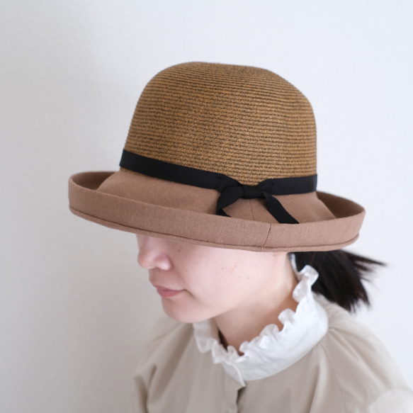 「SALE50%OFF」<3日以内発送>　コットンリネンつば広ハット　折り畳み可　名入れ巾着選択可 ＜全2色＞ 3枚目の画像