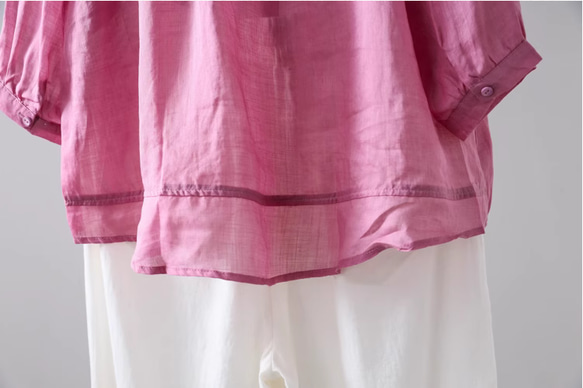 【受注制作】リネンのブラウス.ラミー麻  七分袖Tシャツ　トップス 刺繡麻シャツ ゆったり ローズピンク   ﻿ 17枚目の画像