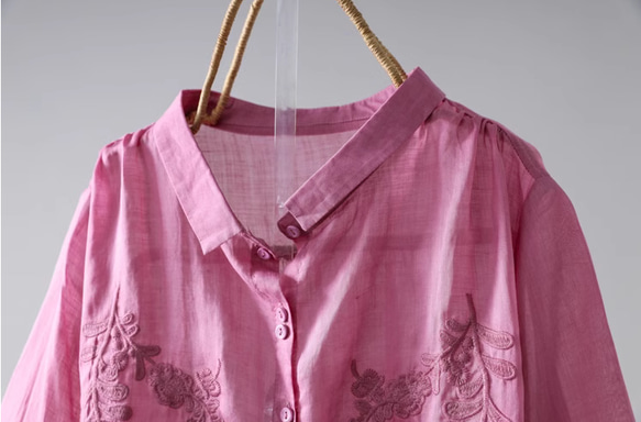 【受注制作】リネンのブラウス.ラミー麻  七分袖Tシャツ　トップス 刺繡麻シャツ ゆったり ローズピンク   ﻿ 7枚目の画像