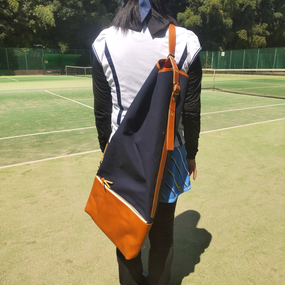 【オーダーメイド】テニスラケットバッグ　　革と帆布のオリジナルラケットケース 2枚目の画像
