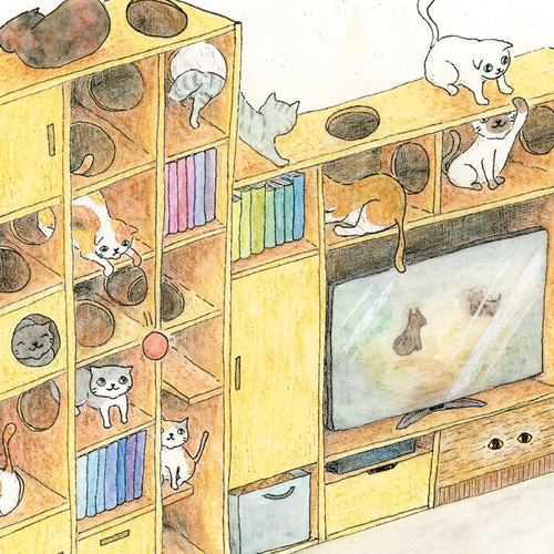 猫部屋 ポストカード / グッズ 部屋 水彩 イラスト 猫 絵本風