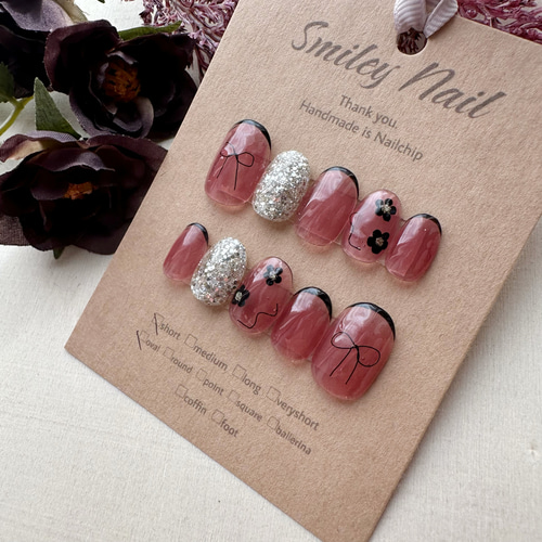 オーダー】ネイルチップ手書きフラワー韓国ワンホンフレンチリボンキラキラ