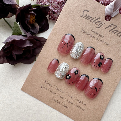 337》ニュアンスネイル ネイルチップ ワイヤー 黒 フラワー フレンチ