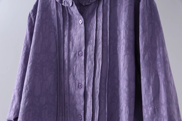 【受注制作】100％綿シャツ. ブラウストップス　オルガンのひだシャツ　ゆったり パープル  ﻿ 10枚目の画像