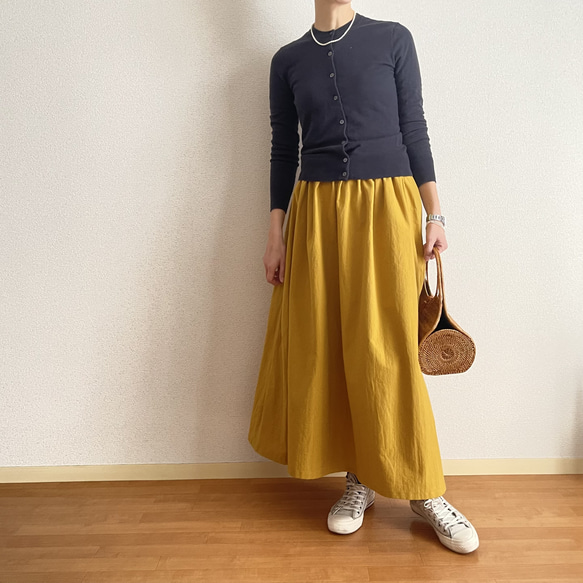 春の新作　スッキリとしたギャザースカート　黄色　ミモザ　サイズオーダー可  ロングスカート 1枚目の画像