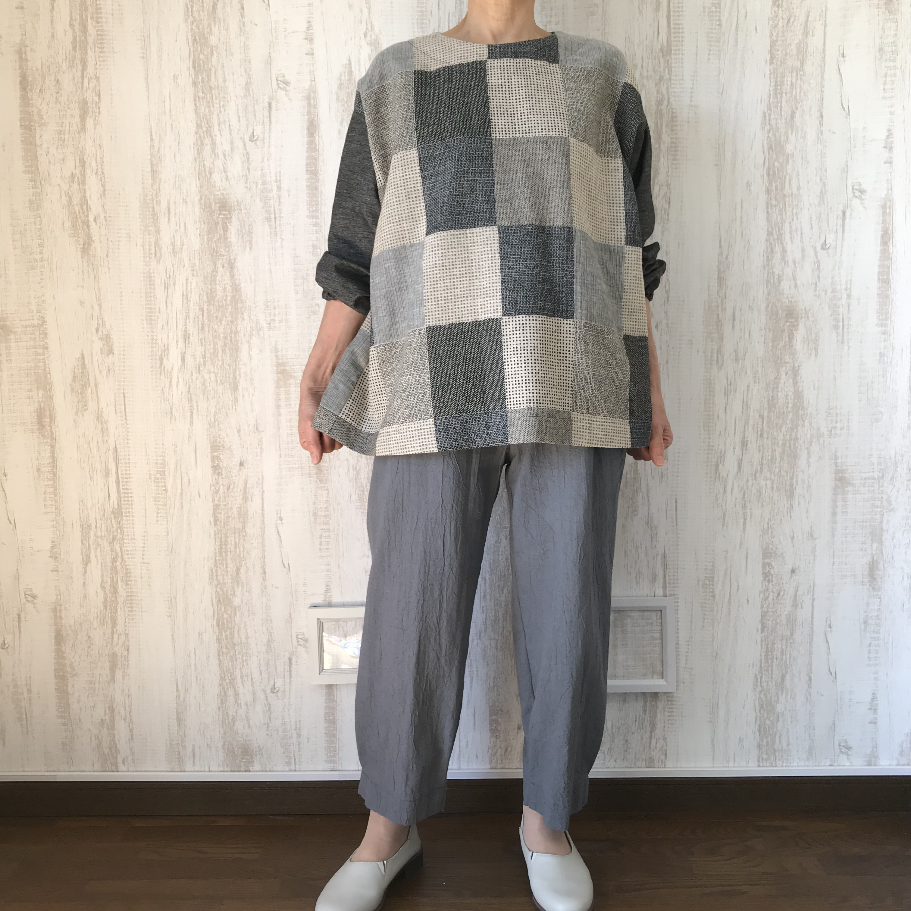 二重織ジャガード 地　切り替え　ゆったり　ブラウス