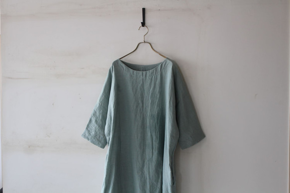 色織亞麻蝙蝠袖連身裙 * 立陶宛亞麻/灰綠色 第1張的照片