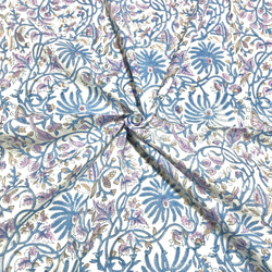 【50cm単位】ホワイトブルーパープルリーフ　インド　ハンドブロックプリント生地  コットン 1枚目の画像