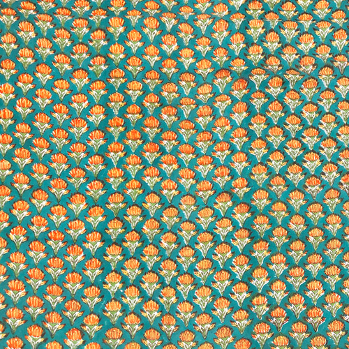 50cm単位】ピーコックグリーンオレンジスモールフラワー インド ハンド