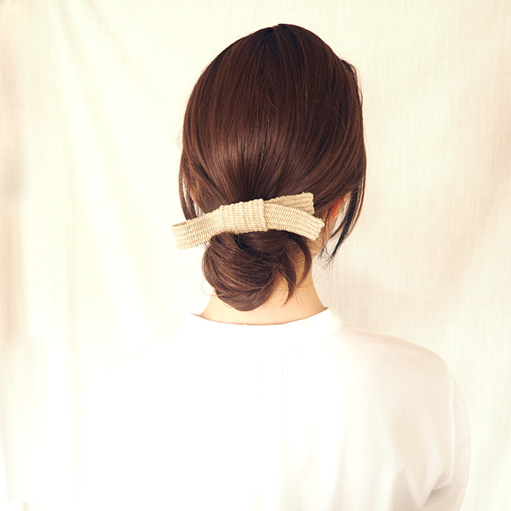 ナチュラル麻の手織りバレッタ　大きめ リボン　母の日のプレゼントにも　One side  Ribbon