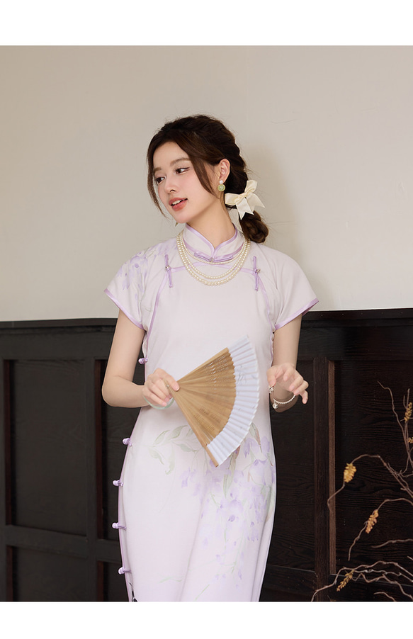 淺紫色 渲染燕子 夏季少女氣質長款古法旗袍 新中式國風春節改良 第7張的照片