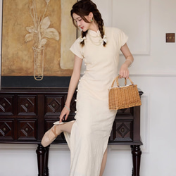 オフホワイトの刺繍中国綿とリネン床長さのチャイナドレス女の子のドレス古代スタイルのフル前立てダーツなし新しい中国風の改善 9枚目の画像