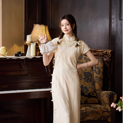 オフホワイトの刺繍中国綿とリネン床長さのチャイナドレス女の子のドレス古代スタイルのフル前立てダーツなし新しい中国風の改善 14枚目の画像