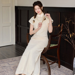 オフホワイトの刺繍中国綿とリネン床長さのチャイナドレス女の子のドレス古代スタイルのフル前立てダーツなし新しい中国風の改善 8枚目の画像