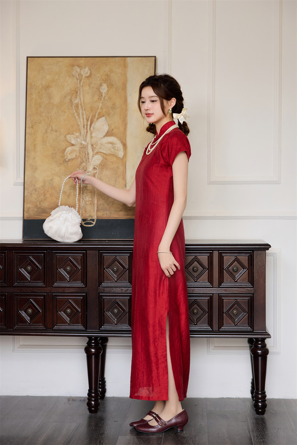 赤い中国風の古代チャイナドレス、中華民国のレトロなフルフロント半袖ドレス、新しい中国風の花嫁のウェディングドレス 12枚目の画像