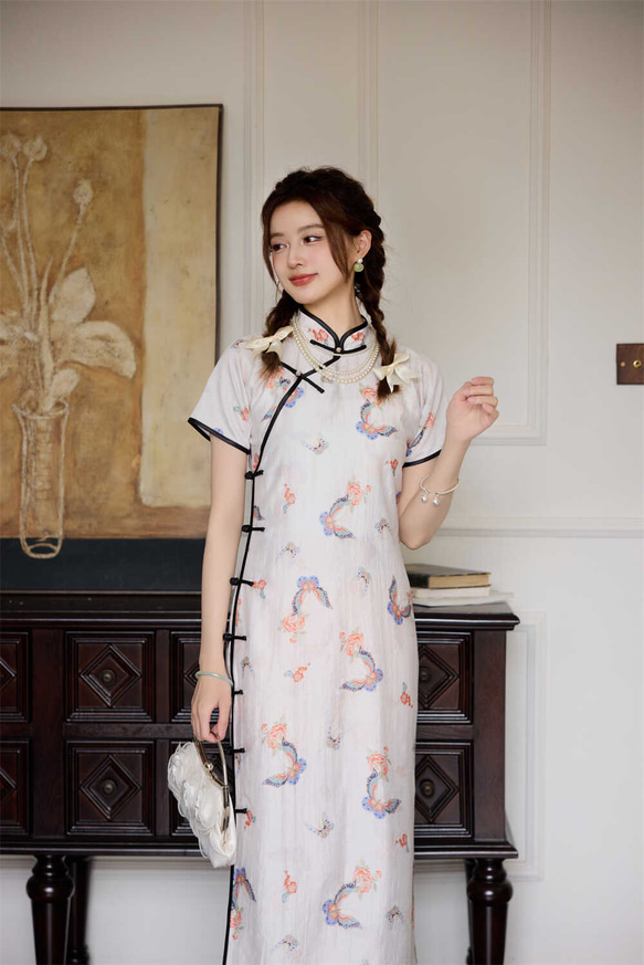 新中式蝴蝶 復古全開襟輥邊改良古法旗袍 曳地小個子少女國風洋裝 第20張的照片