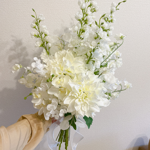【完成品】胡蝶蘭　ダリア　ブーケ&ブートニア　ホワイトブーケ 