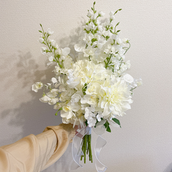 【完成品】胡蝶蘭　ダリア　ブーケ&ブートニア　ホワイトブーケ 