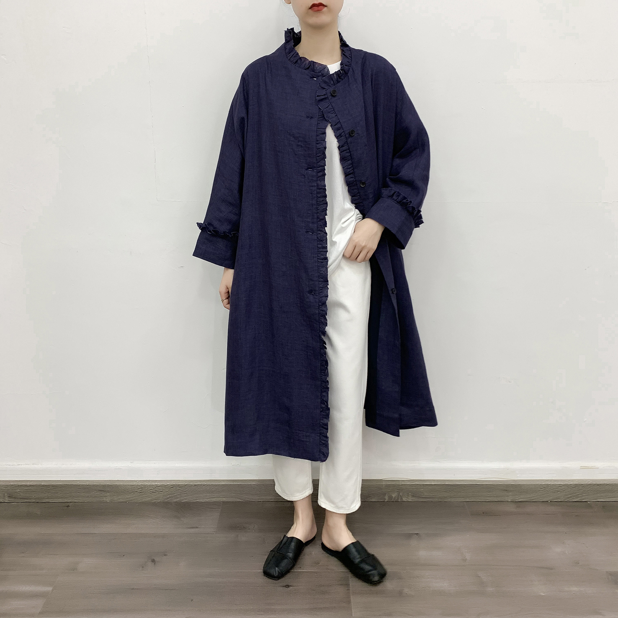 en-enリネン・フリル付きドルマン袖コート・ネイビー（裏地付き）