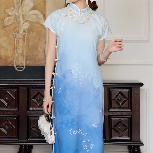 青インクグラデーション伝統古代フルブレストチャイナドレス新しい中国半袖日常ドレス女の子レトロ 13枚目の画像