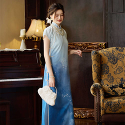 藍色水墨漸變 傳統古法全開襟旗袍 新中式短袖日常洋裝 少女復古 第14張的照片
