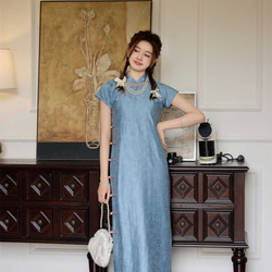 灰藍色 新中式古法全開襟旗袍 一片式無省民國少女洋裝 國風改良 第1張的照片