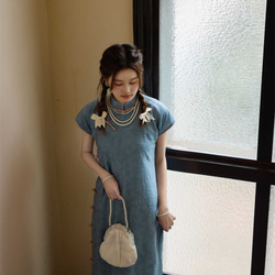 灰藍色 新中式古法全開襟旗袍 一片式無省民國少女洋裝 國風改良 第12張的照片