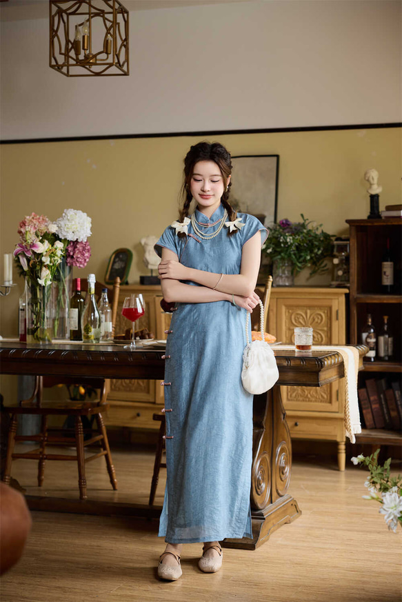 灰藍色 新中式古法全開襟旗袍 一片式無省民國少女洋裝 國風改良 第11張的照片