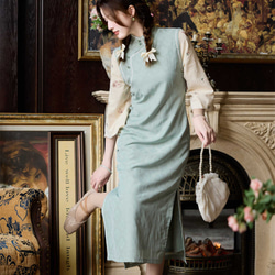 青綠色 素雅日常可穿假兩件旗袍 寬松民國風洋裝連身裙 第14張的照片